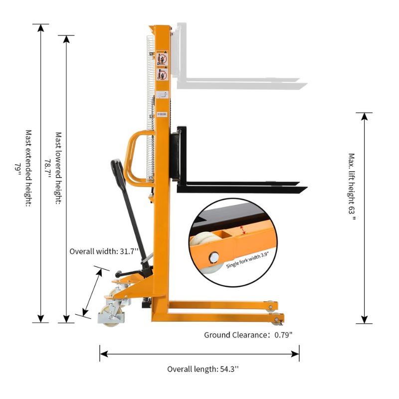 ApolloLift 63" Manual Pallet Stacker with Adjustable Forks 1100lbs Cap