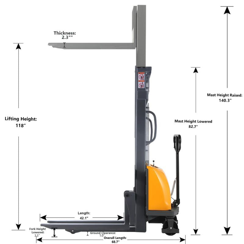 ApolloLift 118" Semi-Electric Fixed Fork Pallet Stacker with 3300lb Capacity