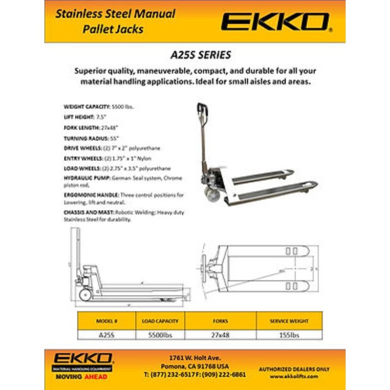 EKKO 5,500lb Capacity Stainless Steel Manual Pallet Jack A25S