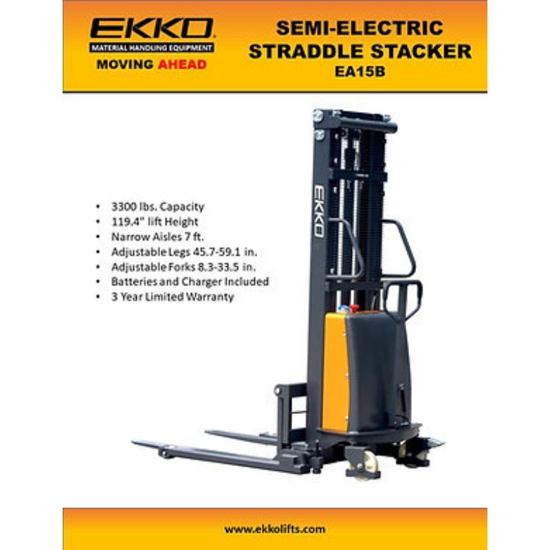 EKKO 120" Lift Semi-Electric Straddle Stacker with 3300lb Capacity EA15B