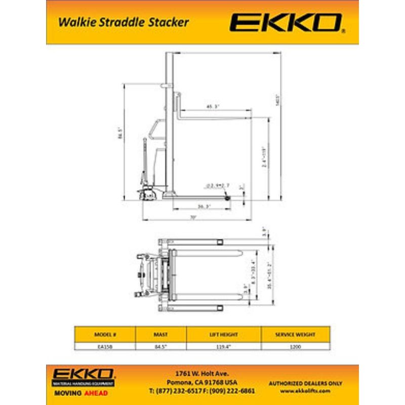 EKKO 120" Lift Semi-Electric Straddle Stacker with 3300lb Capacity EA15B