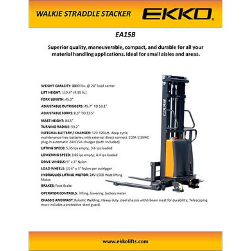 EKKO 120" Lift Semi-Electric Straddle Stacker with 3300lb Capacity EA15B