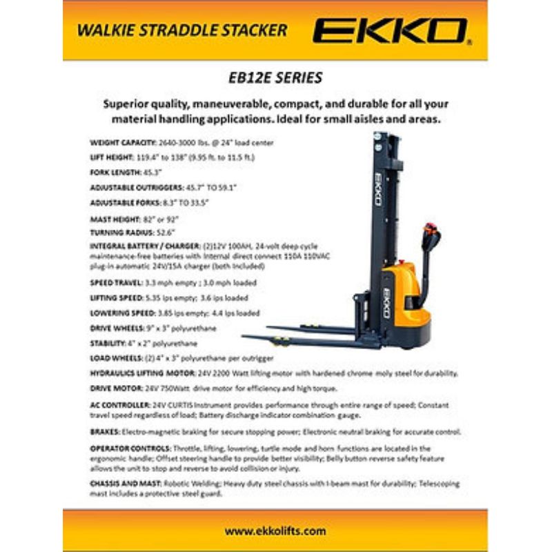 EKKO 138" Lift Full Powered Straddle Stacker with 2640lb Capacity EB12E-138