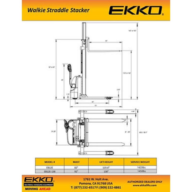 EKKO 138" Lift Full Powered Straddle Stacker with 2640lb Capacity EB12E-138