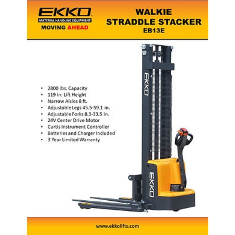 EKKO 119" Lift Full Powered Straddle Stacker with 2800lb Capacity EB13E