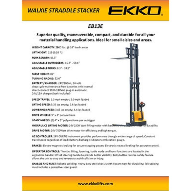 EKKO 119" Lift Full Powered Straddle Stacker with 2800lb Capacity EB13E