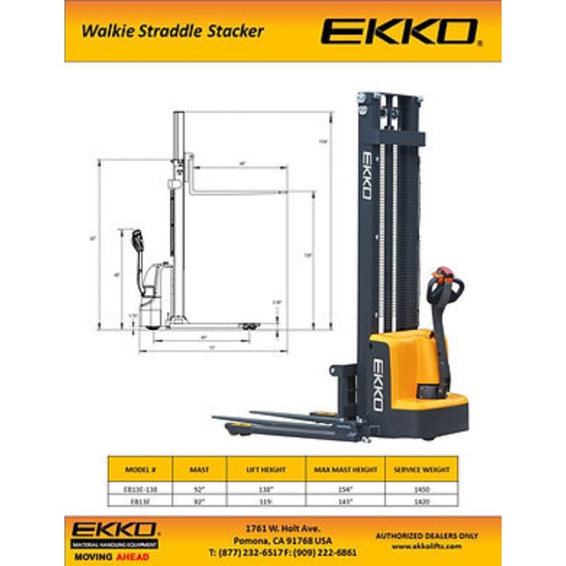 EKKO 119" Lift Full Powered Straddle Stacker with 2800lb Capacity EB13E