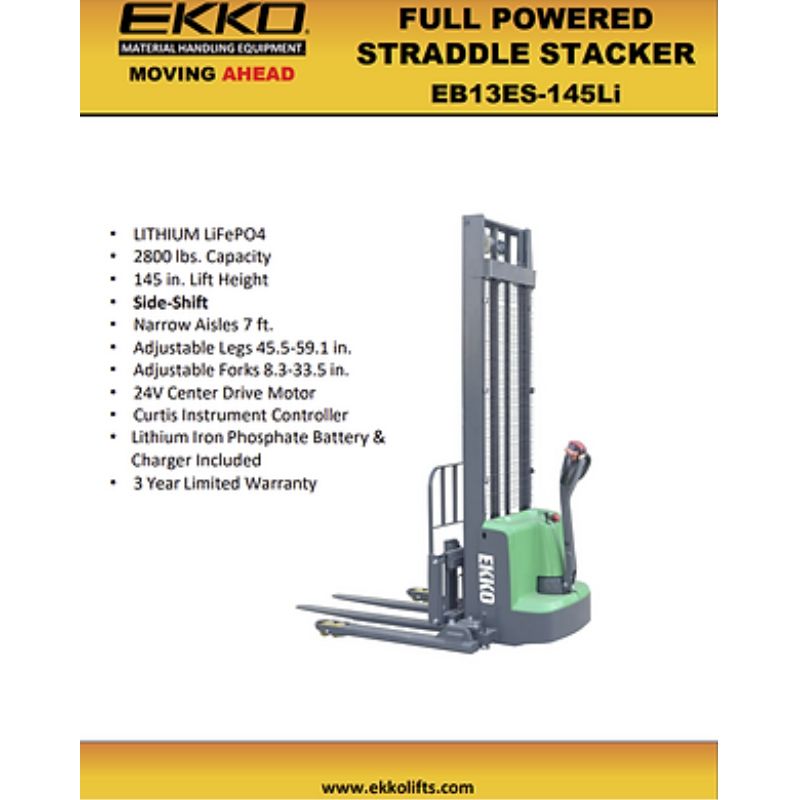 EKKO 145" Lift Lithium Side Shifting Straddle Stacker with 2640lb Capacity EB13ES-145Li