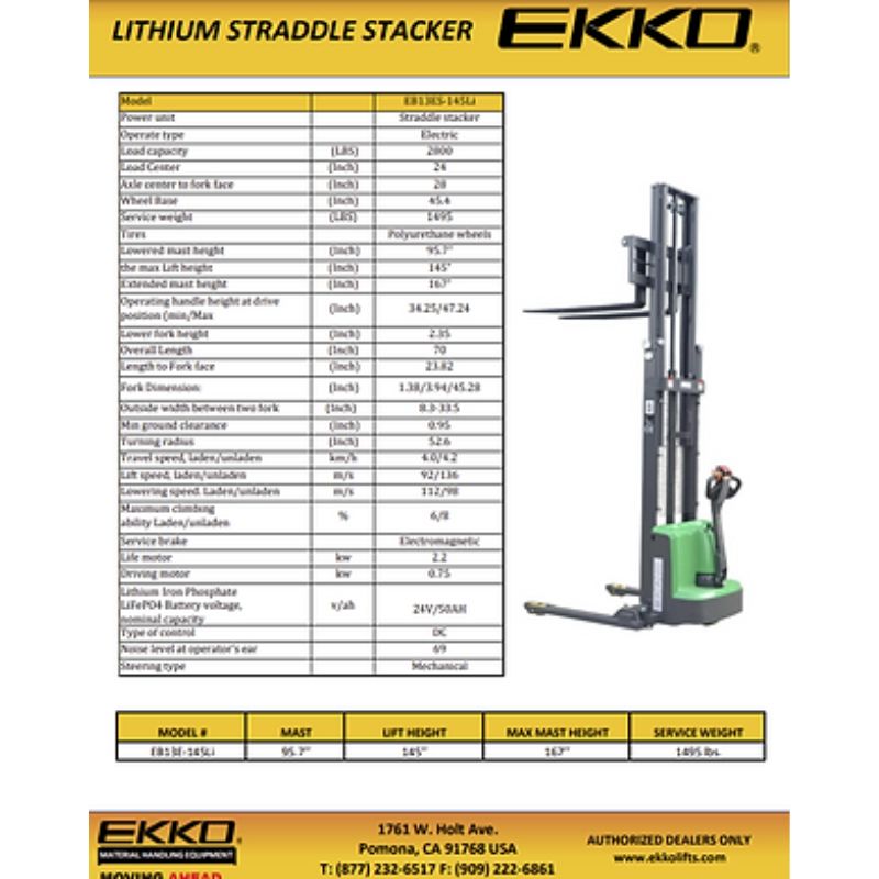 EKKO 145" Lift Lithium Side Shifting Straddle Stacker with 2640lb Capacity EB13ES-145Li
