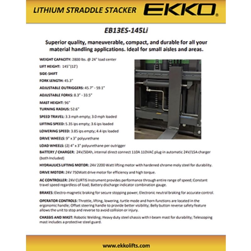 EKKO 145" Lift Lithium Side Shifting Straddle Stacker with 2640lb Capacity EB13ES-145Li