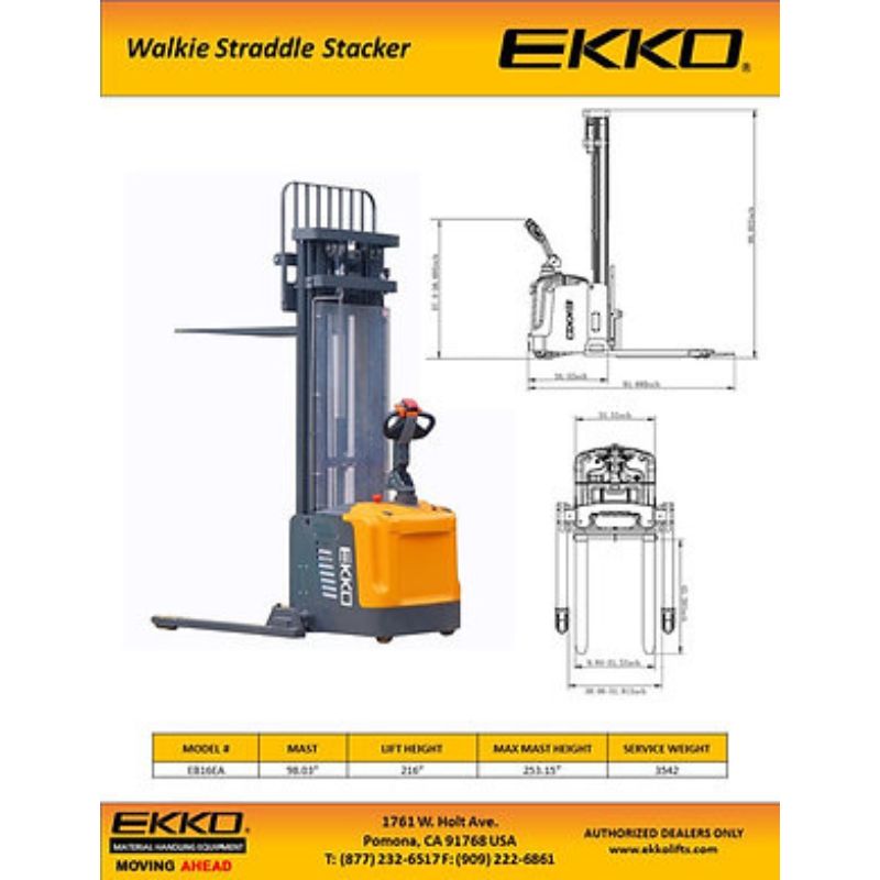 EKKO 216" Lift Full Powered Straddle Stacker with 4400lb Capacity EB16EA