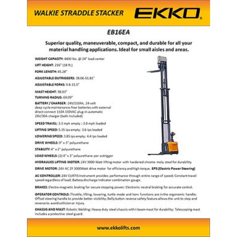EKKO 216" Lift Full Powered Straddle Stacker with 4400lb Capacity EB16EA