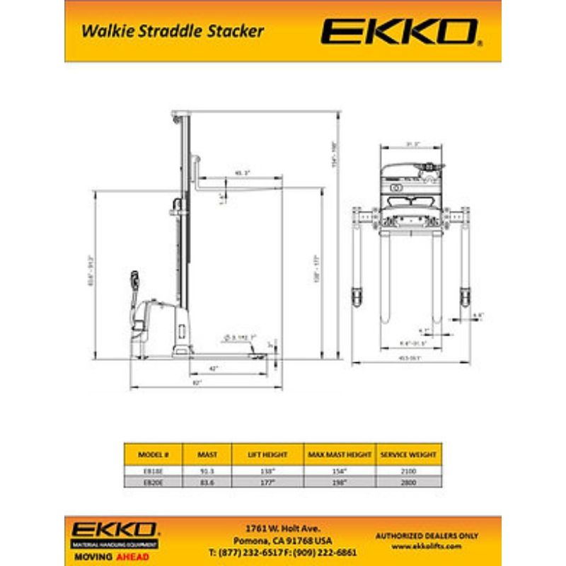 EKKO 138" Lift Full Powered Straddle Stacker with 4000lb Capacity EB18E