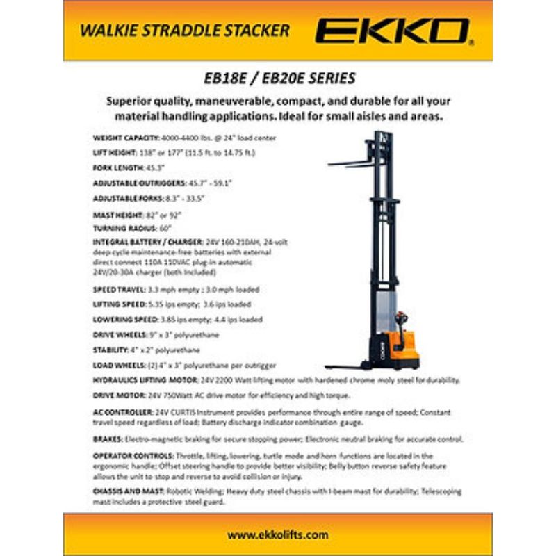 EKKO 138" Lift Full Powered Straddle Stacker with 4000lb Capacity EB18E