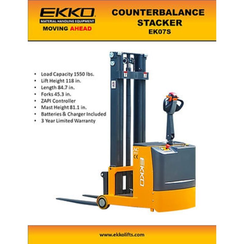 EKKO 118" Lift Counterbalance Walkie Stacker with 1550lb Capacity EK07S