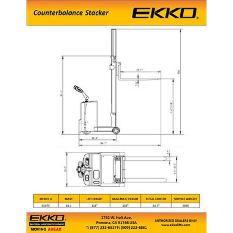 EKKO 118" Lift Counterbalance Walkie Stacker with 1550lb Capacity EK07S