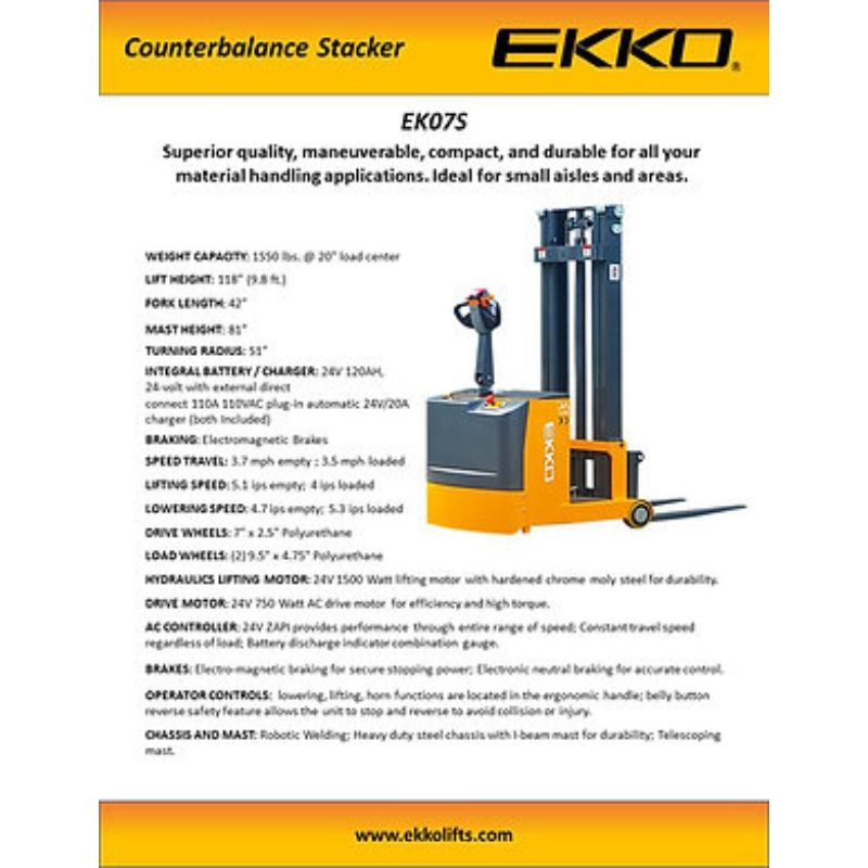 EKKO 118" Lift Counterbalance Walkie Stacker with 1550lb Capacity EK07S