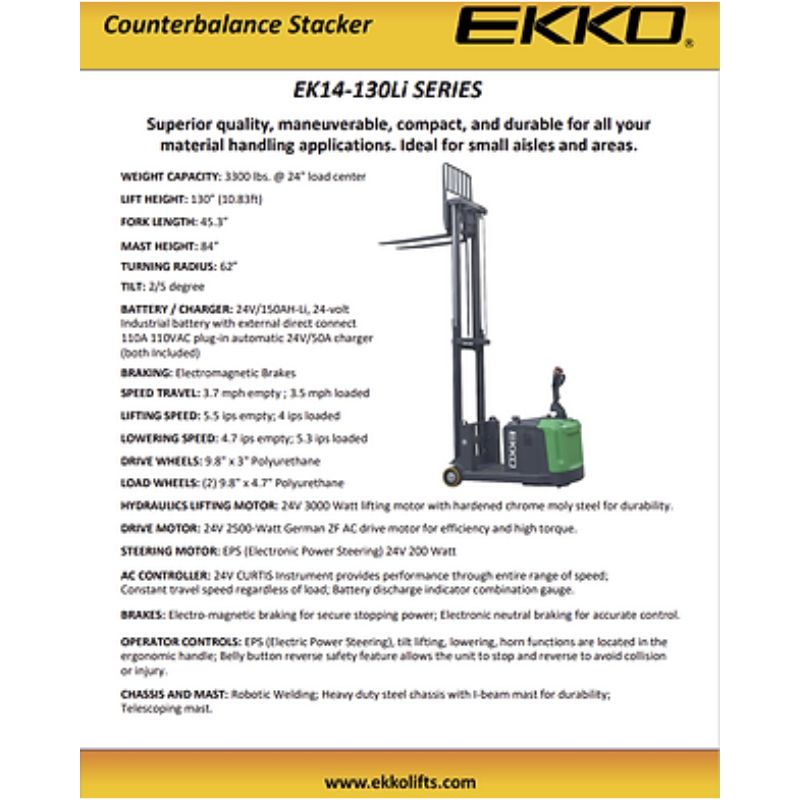 EKKO 130" Lift Lithium Powered Counterbalanced Walkie Stacker EK14-130Li