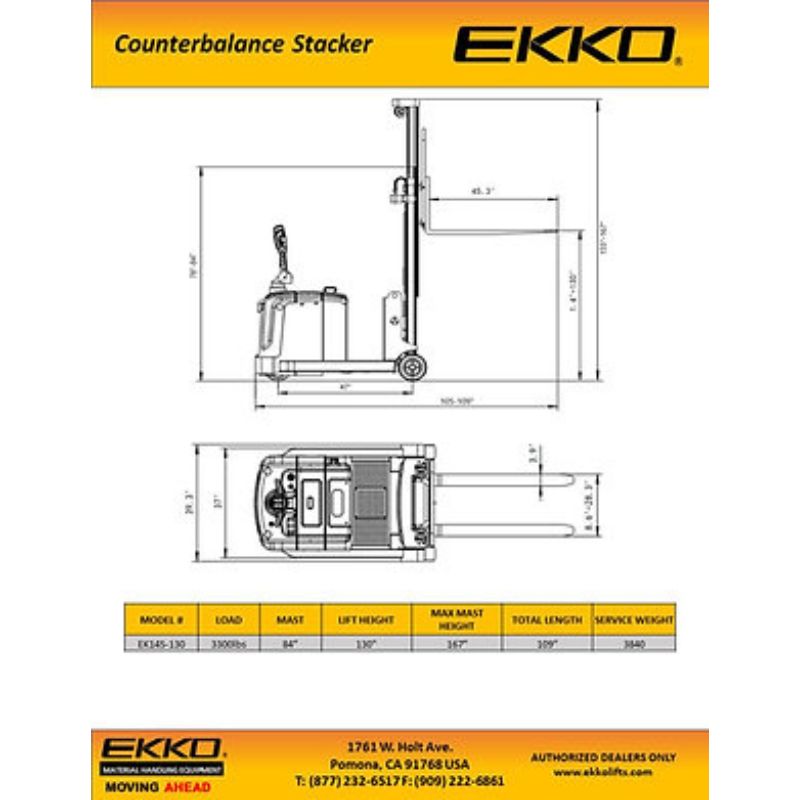 EKKO 130" Lift Side Shifting Counterbalanced Walkie Stacker with 3300lb Capacity EK14S-130