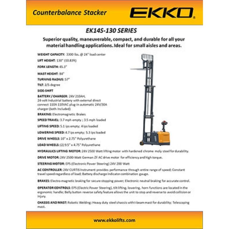 EKKO 130" Lift Side Shifting Counterbalanced Walkie Stacker with 3300lb Capacity EK14S-130