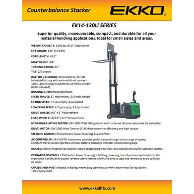 EKKO 130" Lithium Powered Side Shifting Counterbalanced Walkie Stacker EK14S-130Li