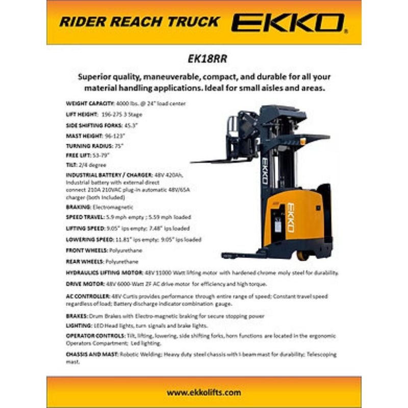 EKKO 196" Lift Stand-up Narrow Aisle Reach Truck with 4000lb Capacity EK18RRL