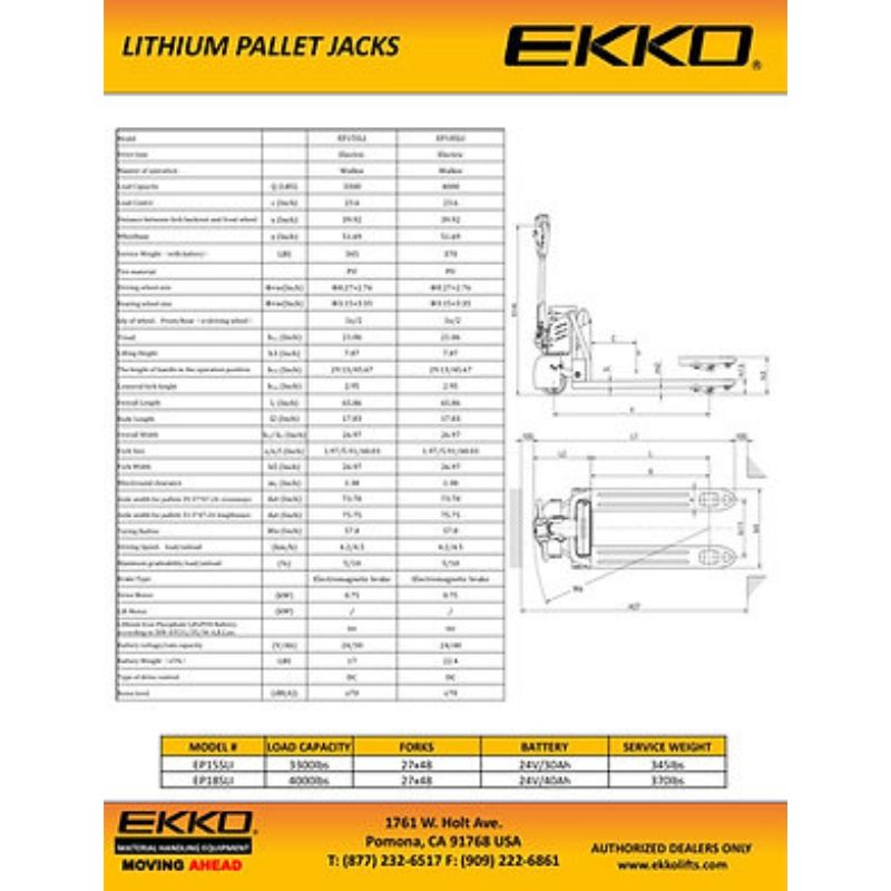 EKKO 3300lb Capacity Semi-Electric Pallet Jack EP15SLi